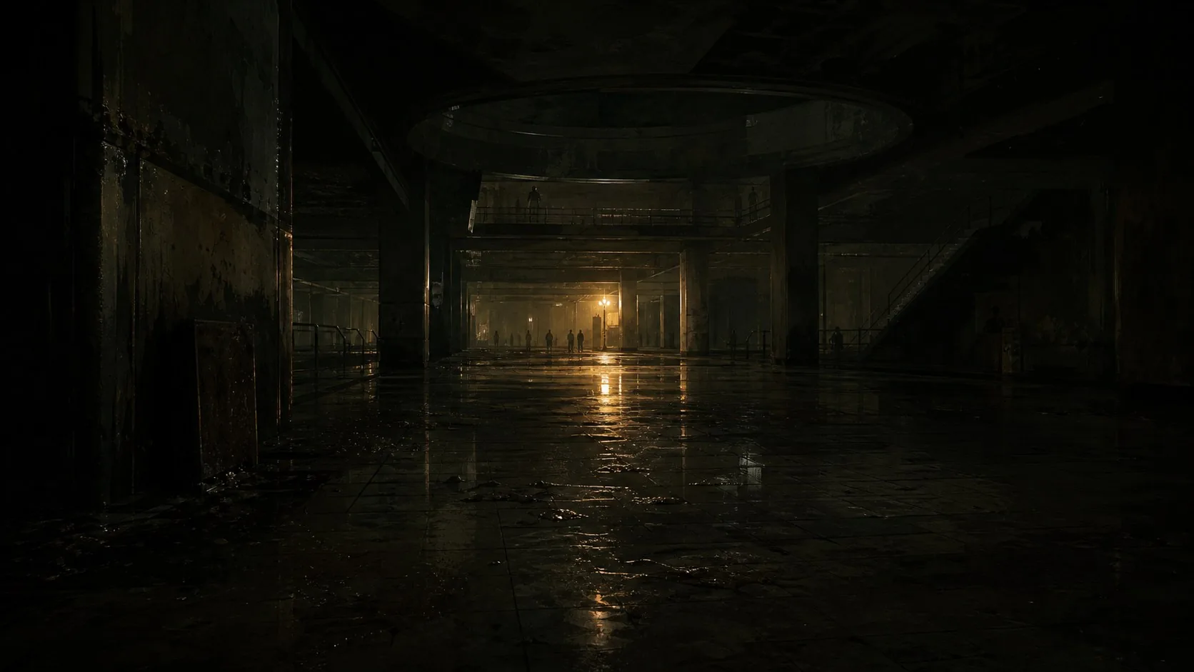A black-olive concourse palette with one soft amber practical reflected on wet floor.