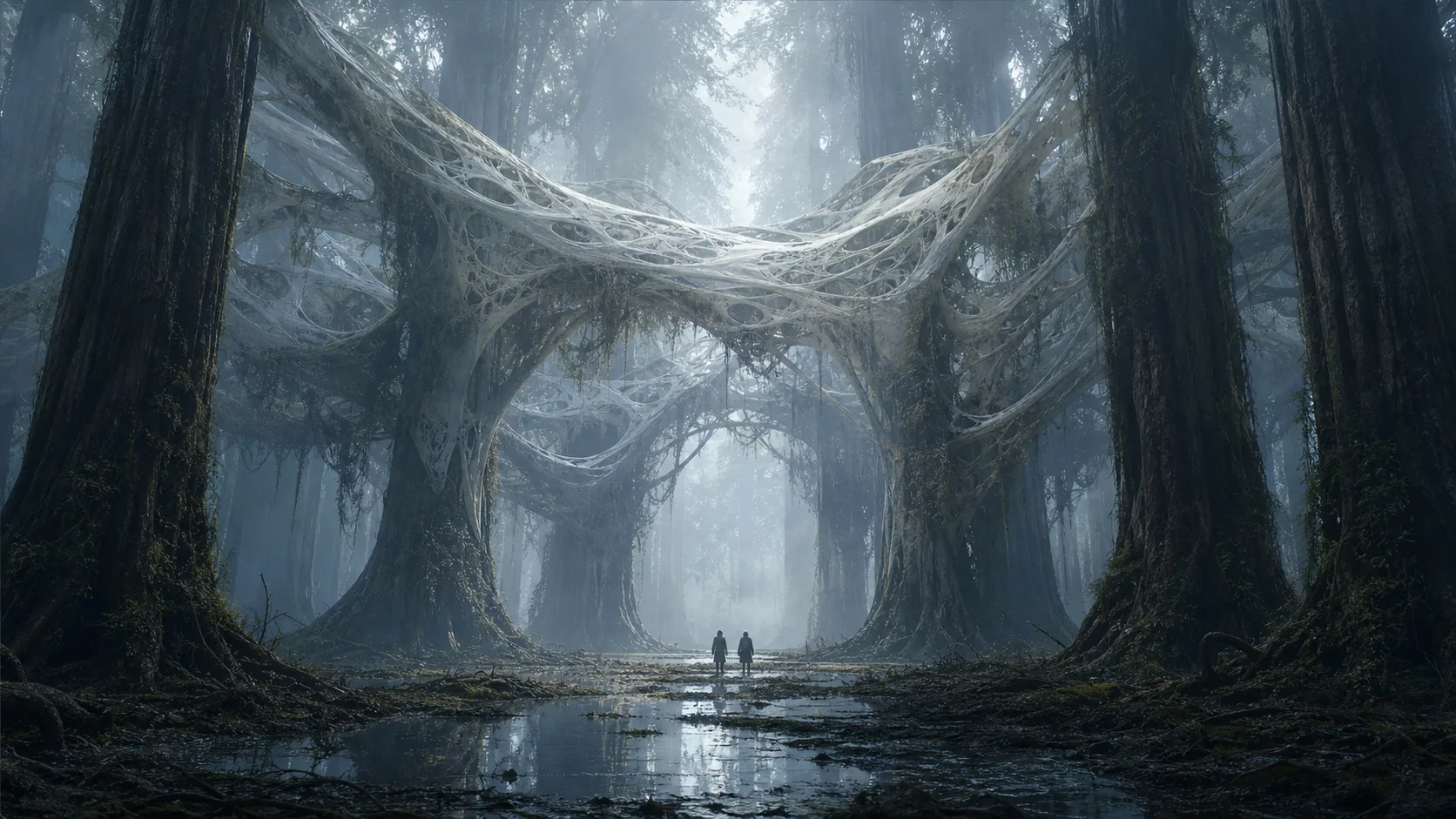 A pale organic canopy suspended between forest columns as a quiet world anchor.