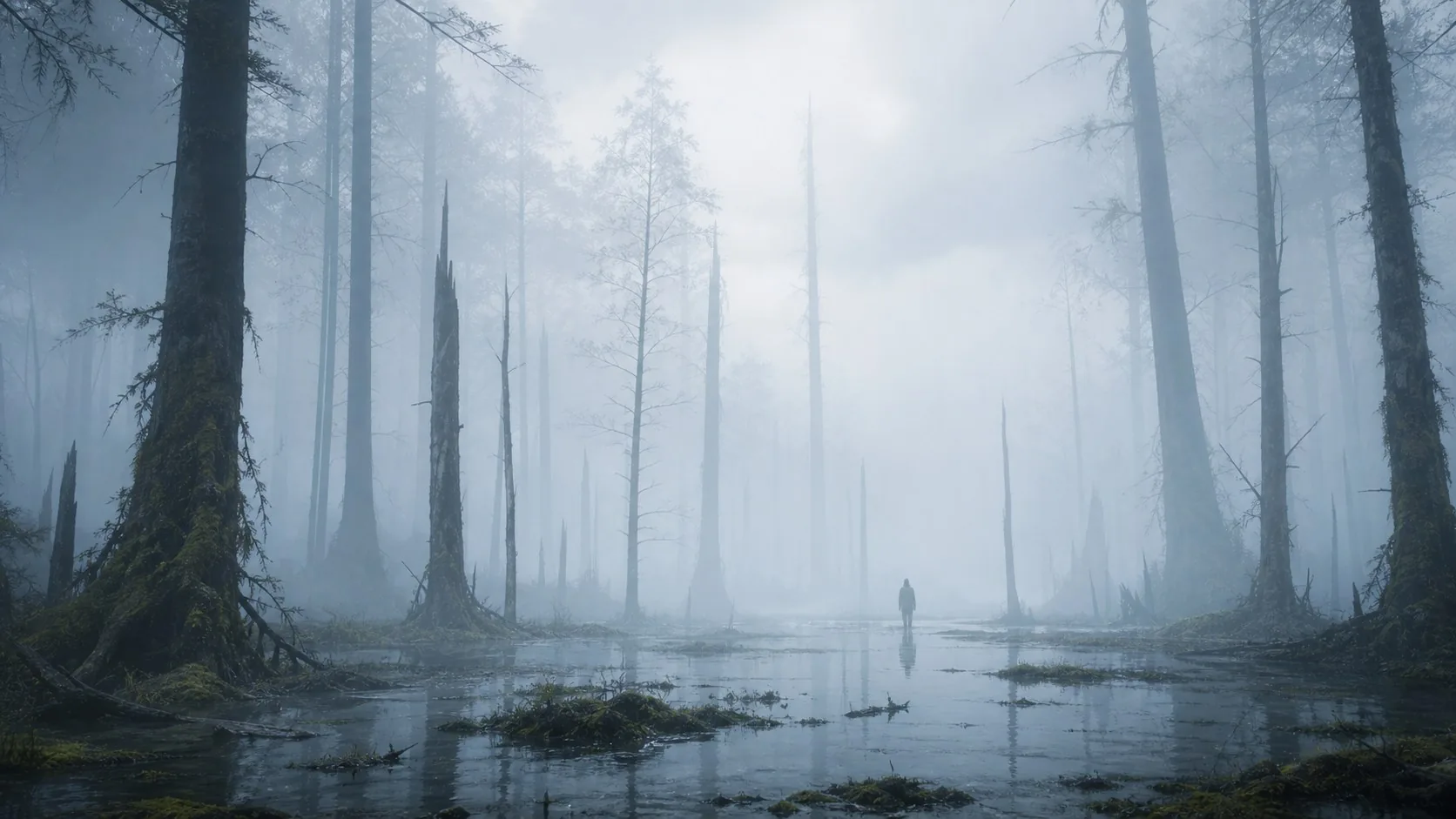 A pale blue-gray fog palette built from flooded ground, vertical trees, and soft distance.