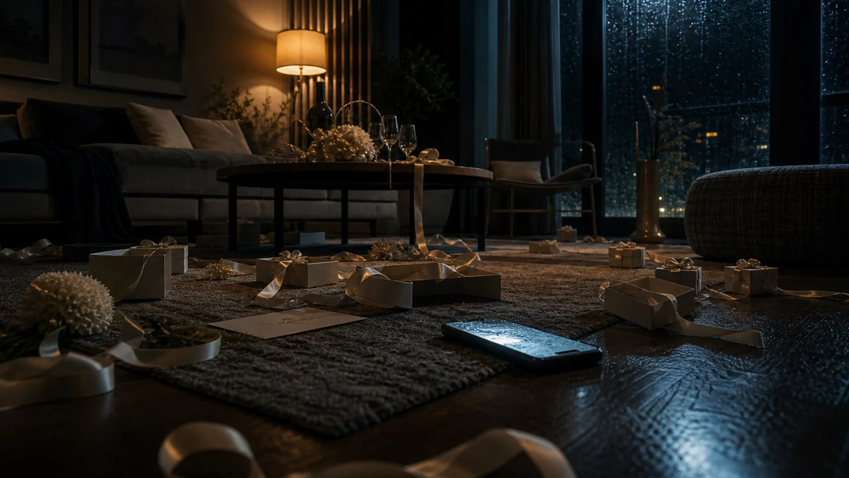 A living-room aftermath frame that keeps the room, phone, boxes, and floor direction readable.