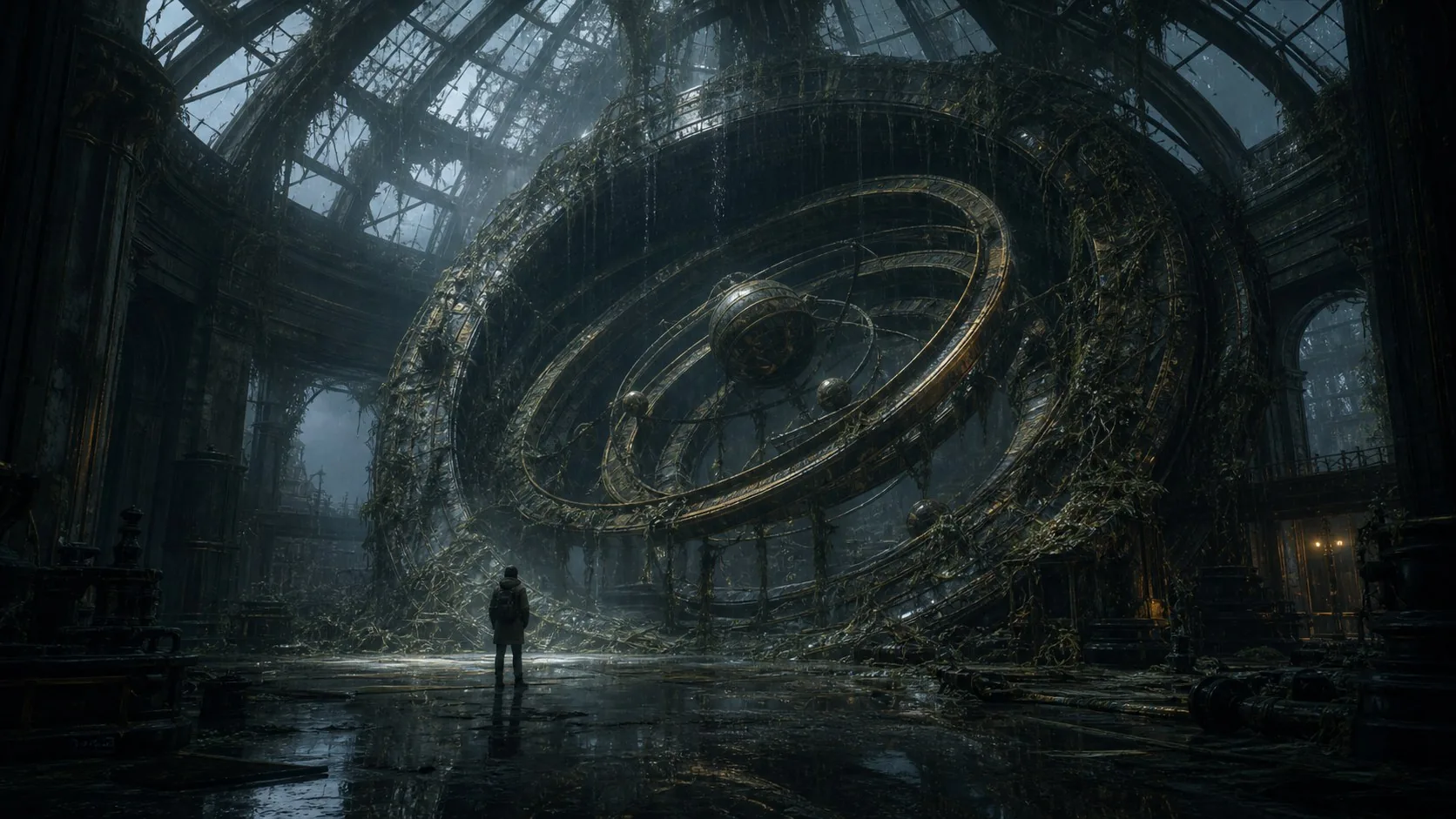 A circular instrument hall overtaken by vines, mineral growth, and cold roof light.