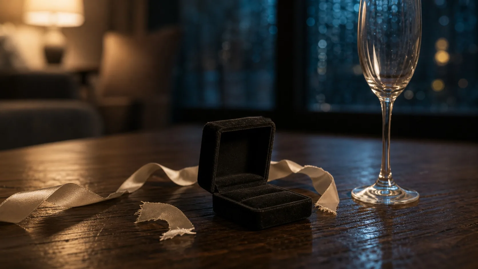 A floor-level evidence frame where phone, gift boxes, and ribbon carry the story pressure.