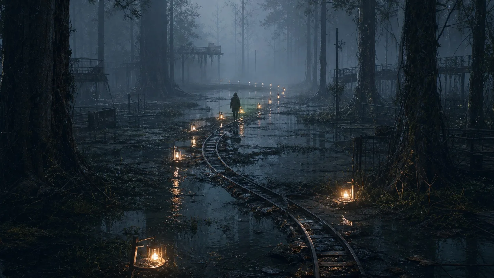 A repeated lantern path through flooded rails, built as a readable continuity state.