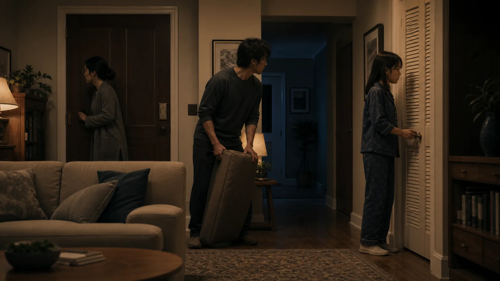 A room becomes a plan through position, object ownership, and a visible spatial triangle.