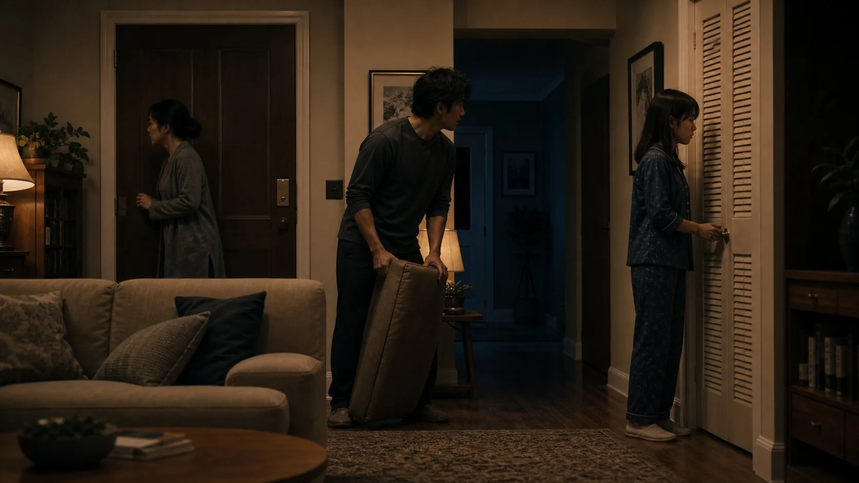 A doorway POV that separates the primary subject from warm-room background figures.