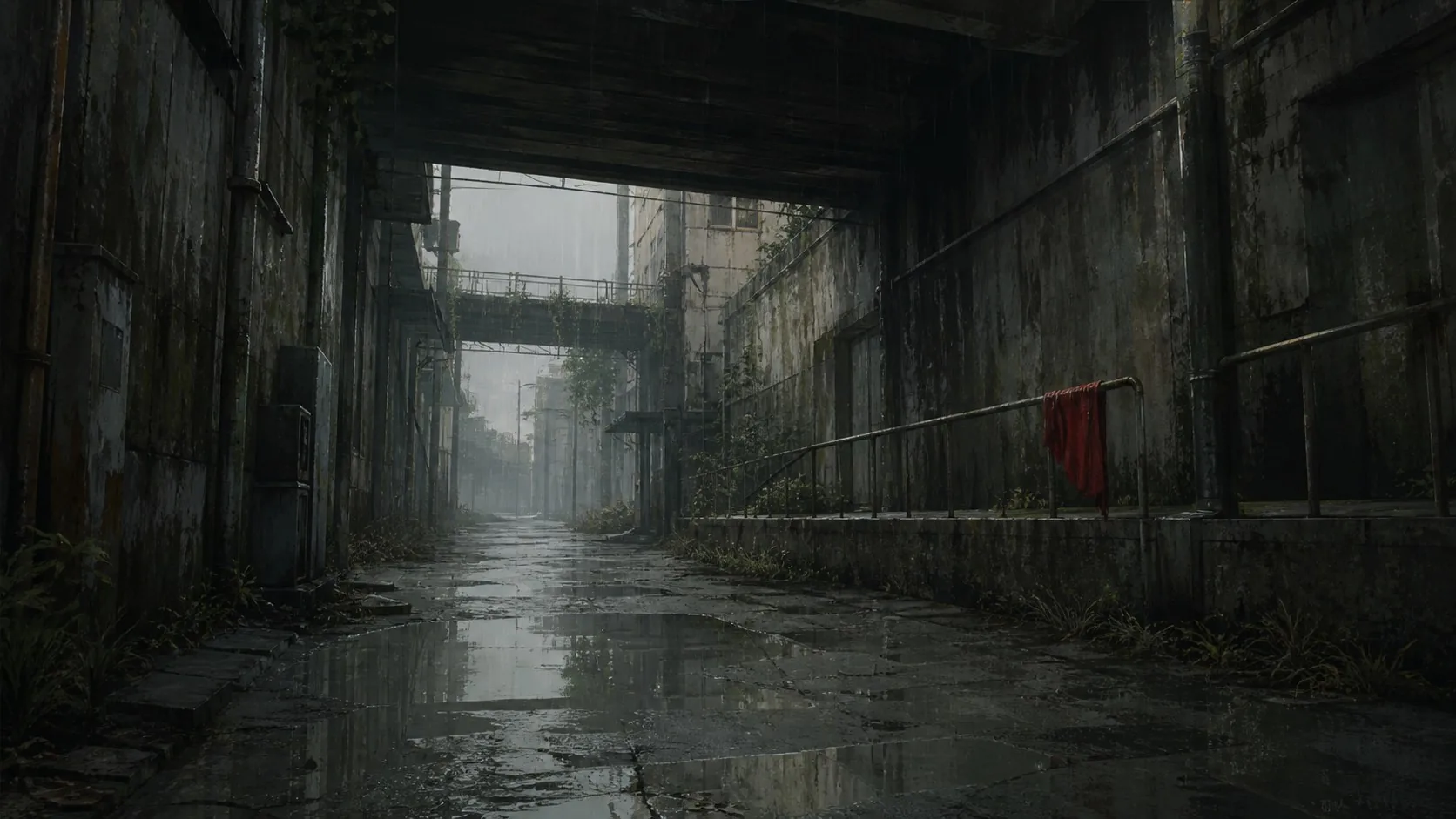 A green-gray rain palette held by concrete, puddles, and one restrained red cloth anchor.