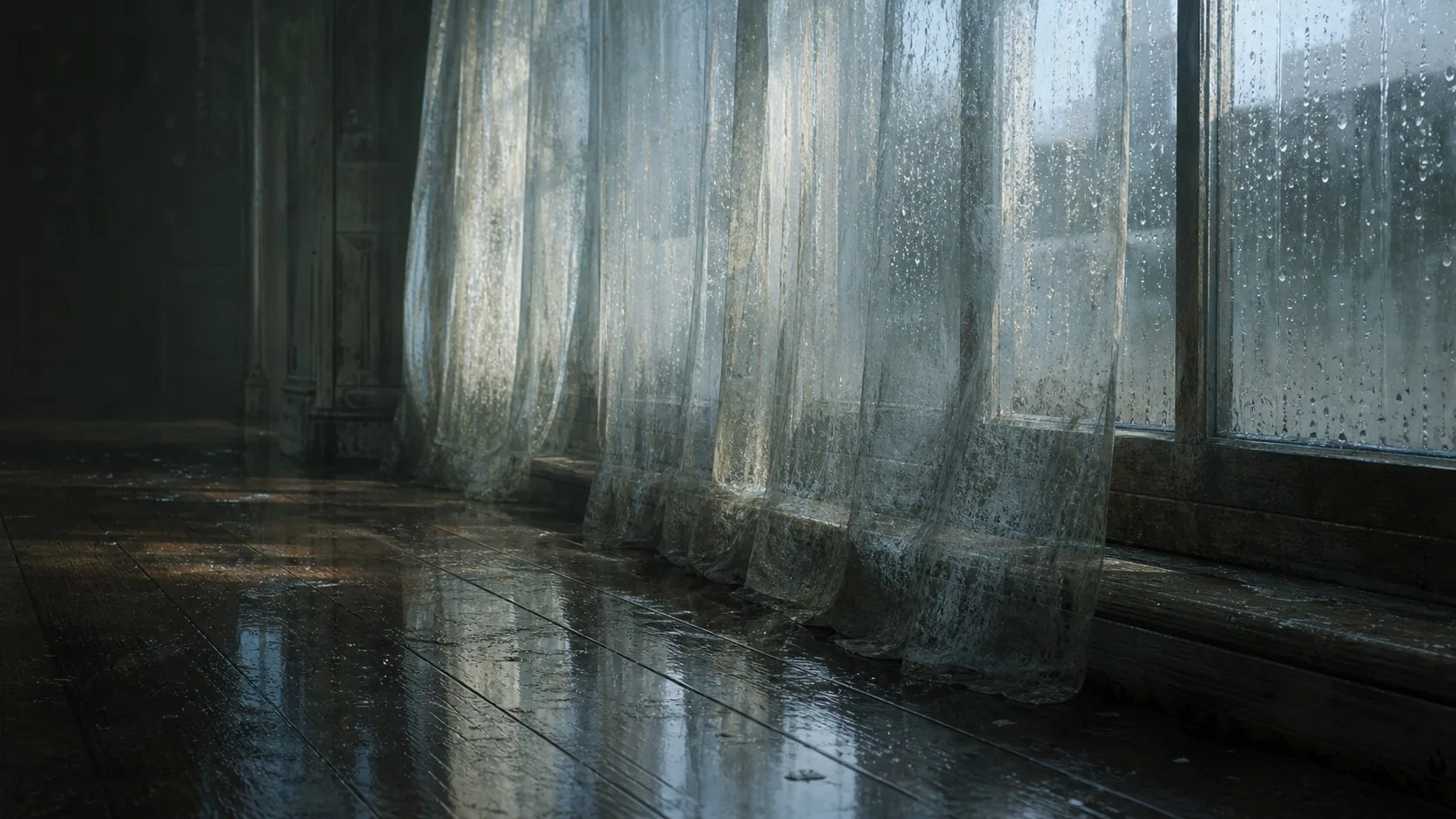Translucent fabric, rain-streaked glass, and wet wood gathered as a soft light material.