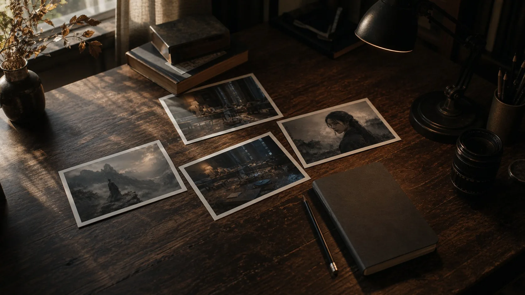 Printed frames and desk material kept as tactile reference evidence rather than a planning board.