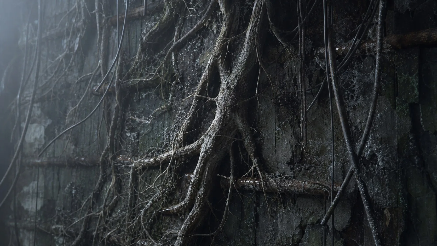 Interlaced pale roots, dark bark, mineral crust, and dull wire held in cold side light.