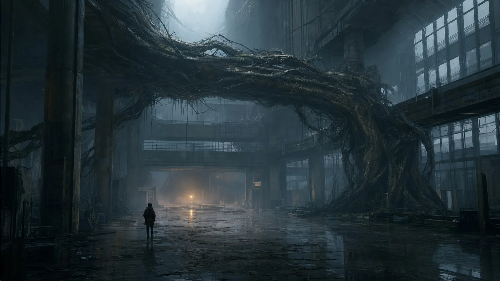 A flooded transit hall scaled by a single figure and an overgrown root gate.