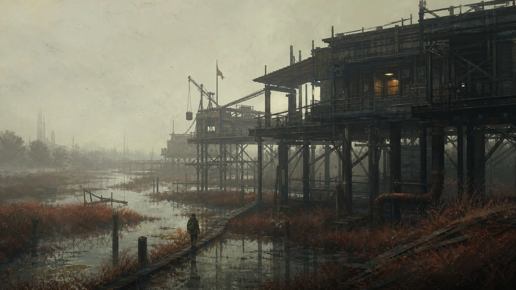 A raised settlement over flooded rust-colored ground, held in quiet overcast air.