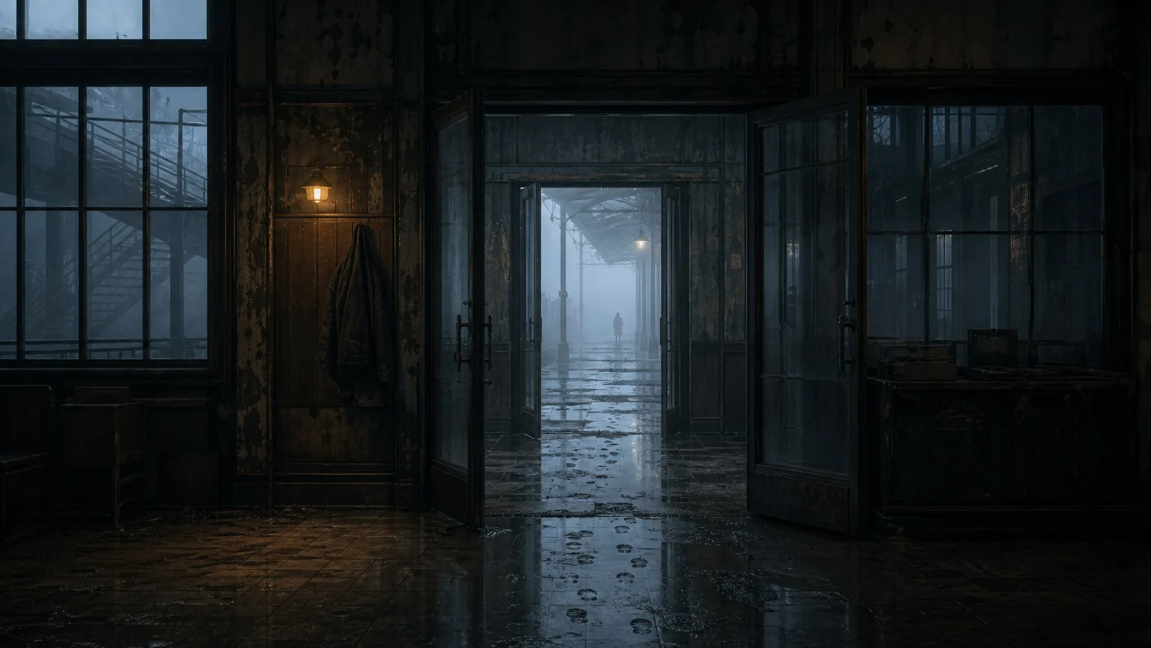 A dark interior and cold exterior platform held as one spatial handoff state.