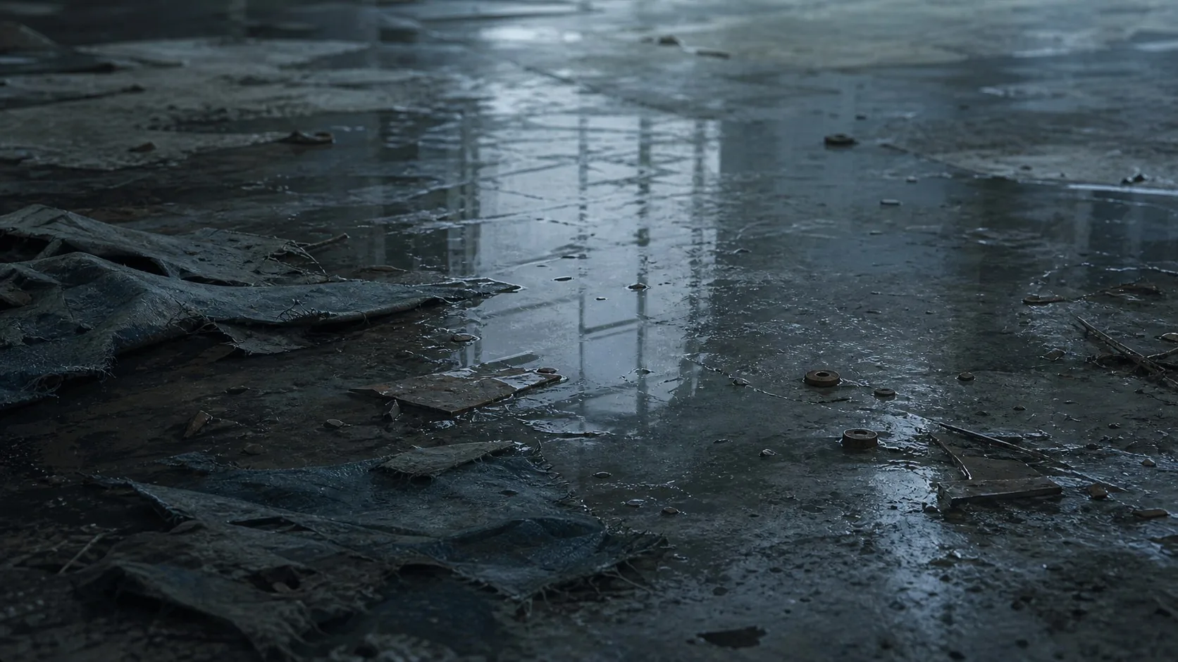 A low surface study of concrete, shallow puddles, torn fabric, and oxidized fragments.