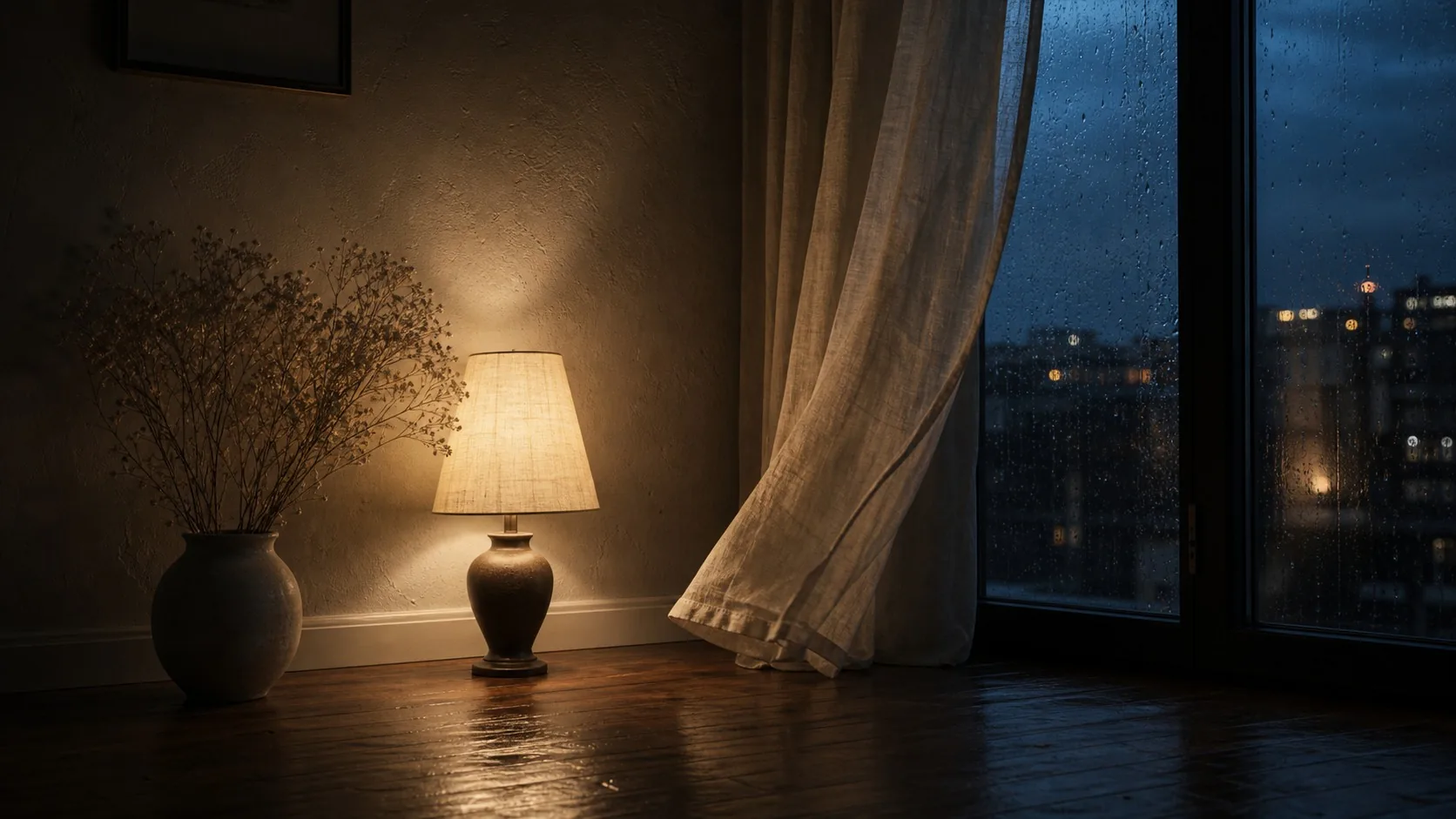 Floor, curtain, lamp, and rain light treated as a material palette.