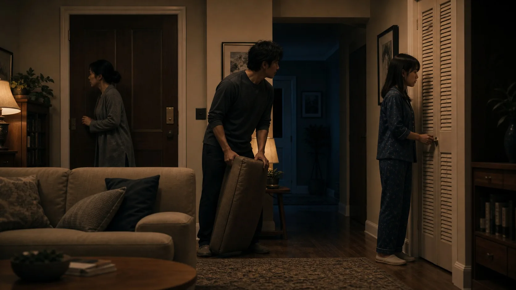 A multi-subject interior continuity reference with room and subject priority
